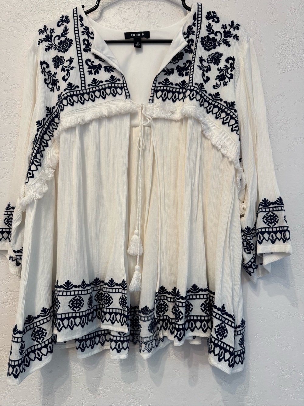 torrid White Peasant Kimono with Navy Embroidery - Picture 12 of 16
